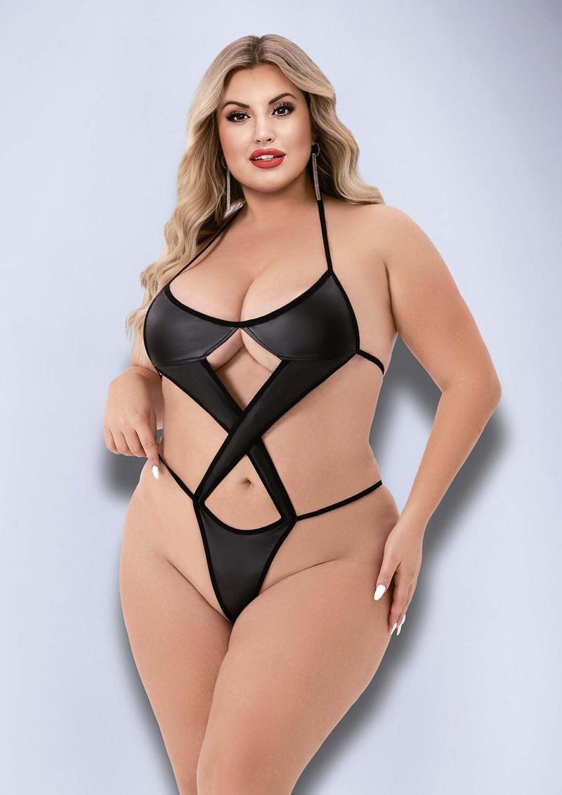 Criss Cross Wet Look Teddy - Curvy