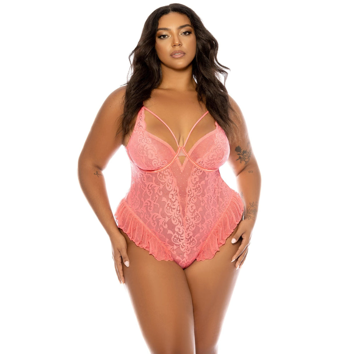 Flirty Lace and Dot Mesh Skirted Teddy - Curvy