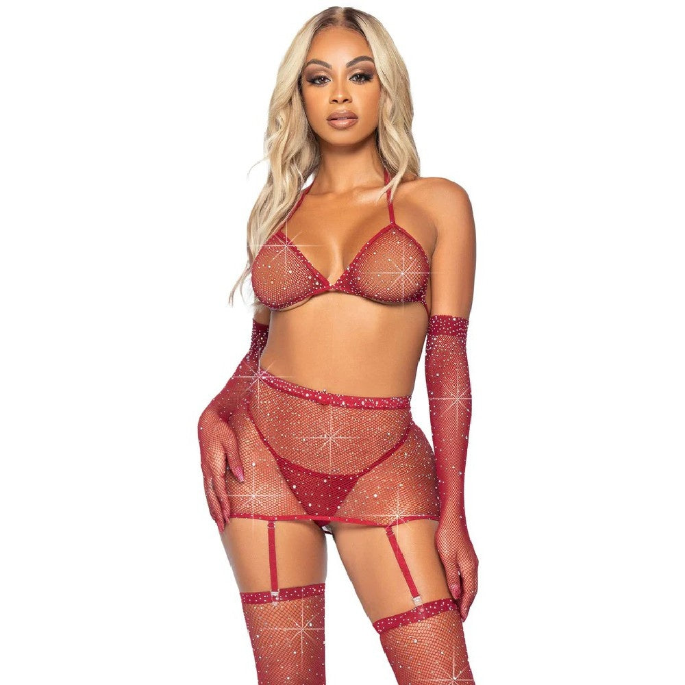 Burgundy Rhinestone Fishnet Five Piece Set - One Size Fits Most