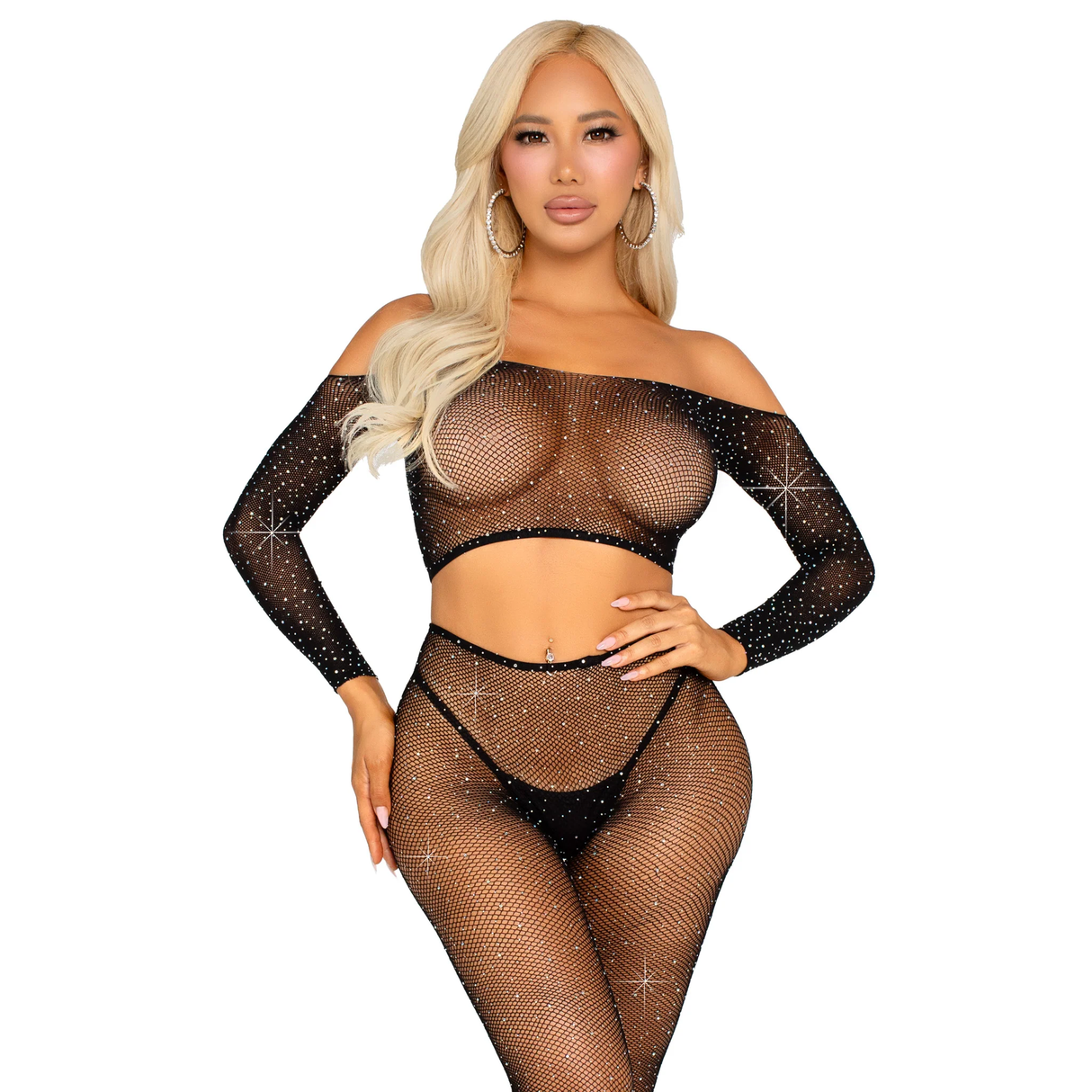 Rhinestone Fishnet Crop Top and Footless Tights Set - One Size Fits Most