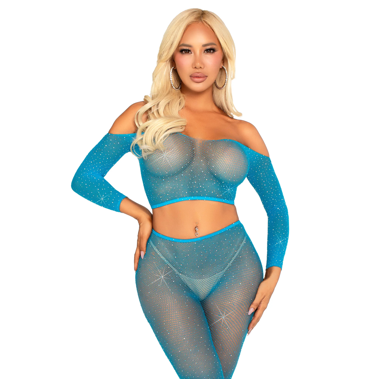 Rhinestone Fishnet Crop Top and Footless Tights Set - One Size Fits Most