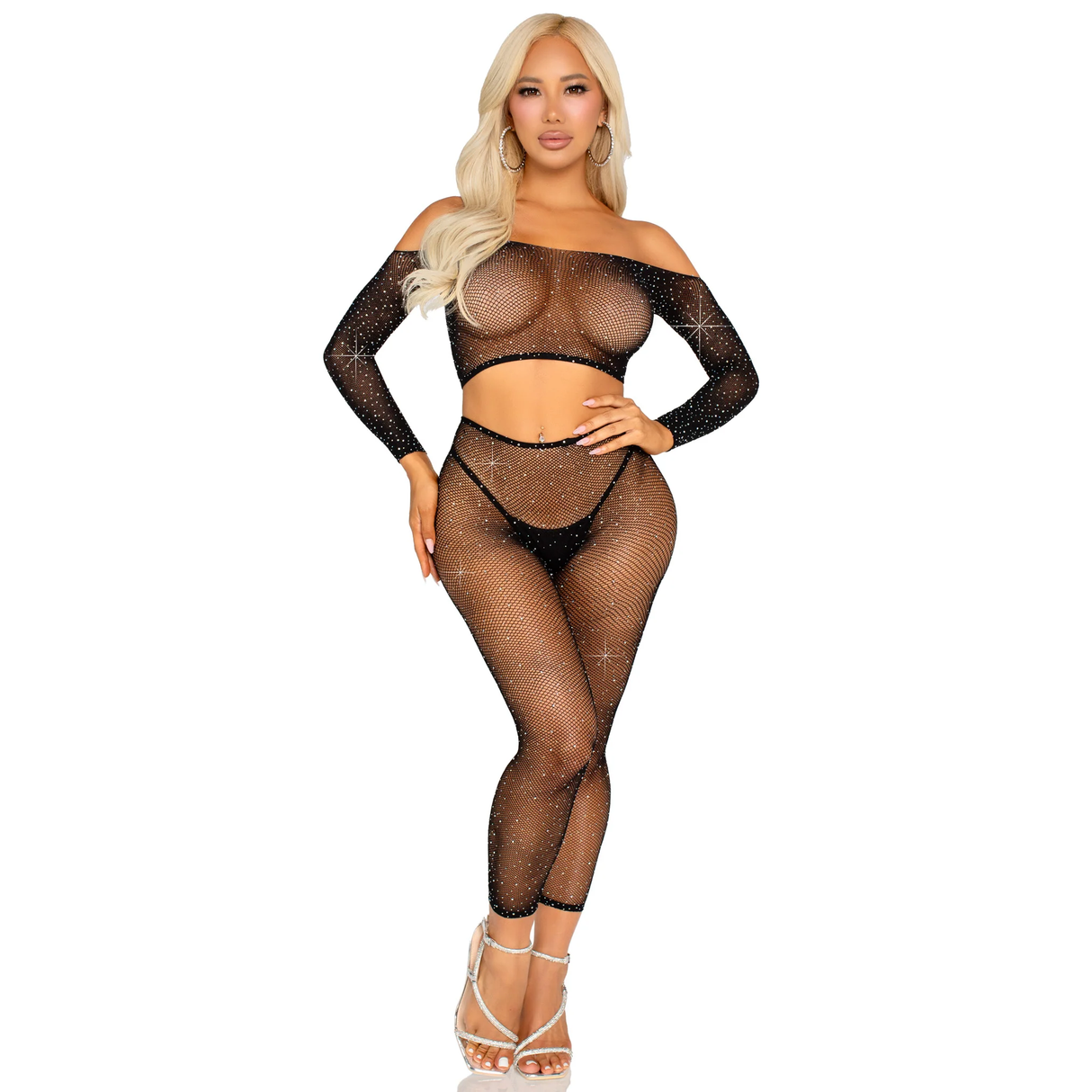 Rhinestone Fishnet Crop Top and Footless Tights Set - One Size Fits Most