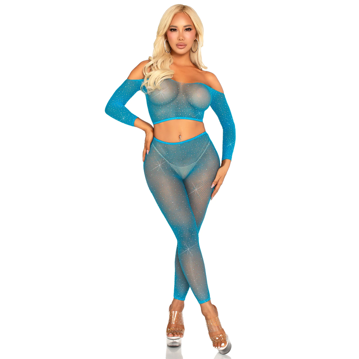 Rhinestone Fishnet Crop Top and Footless Tights Set - One Size Fits Most