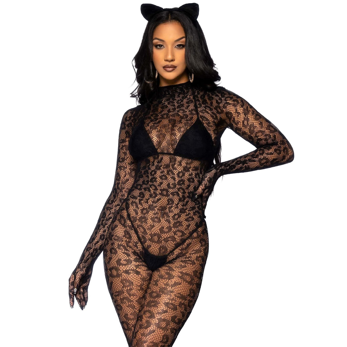 Seamless Leopard Net Gloved Catsuit - One Size Fits Most