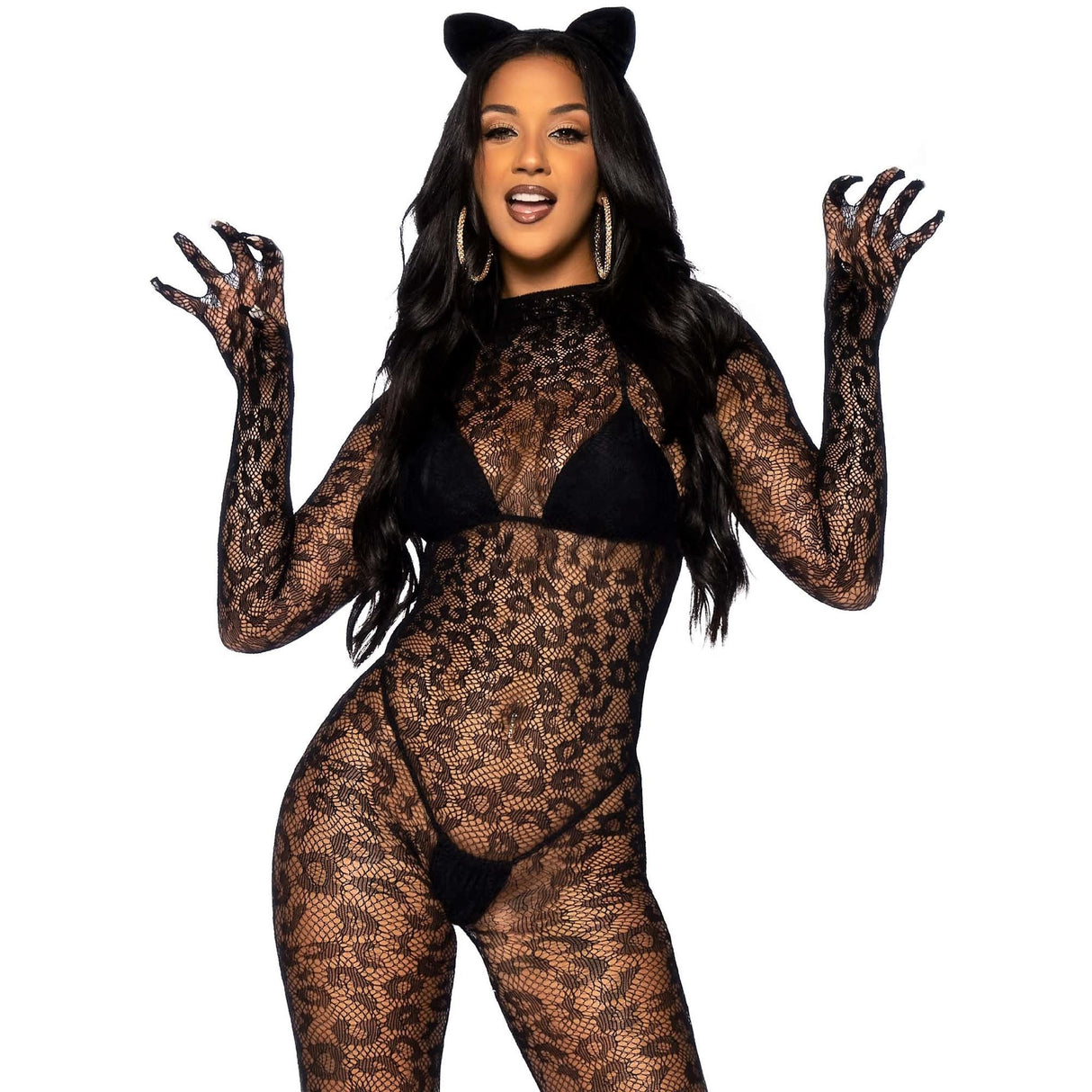 Seamless Leopard Net Gloved Catsuit - One Size Fits Most