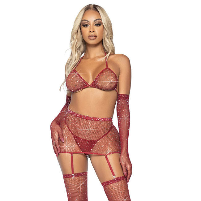 Burgundy Rhinestone Fishnet Five Piece Set - One Size Fits Most