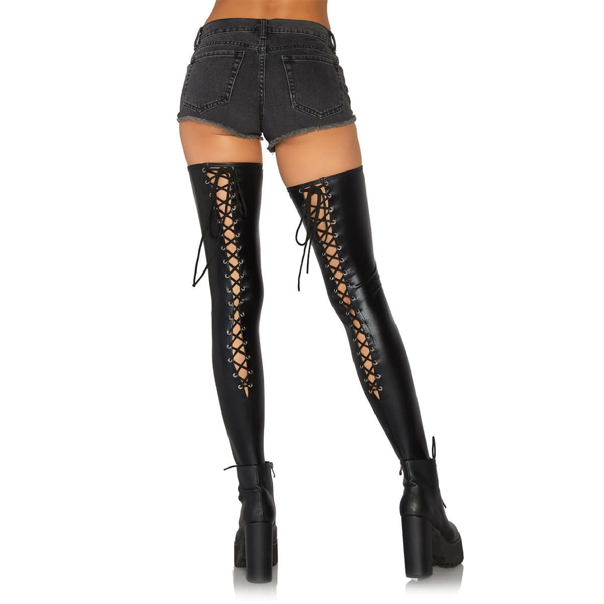 Wet Look Footless Lace-Up Thigh Highs