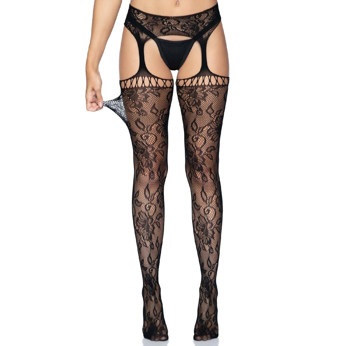 Floral Lace Garter Belt and Attached Stockings Set - One Size Fits Most