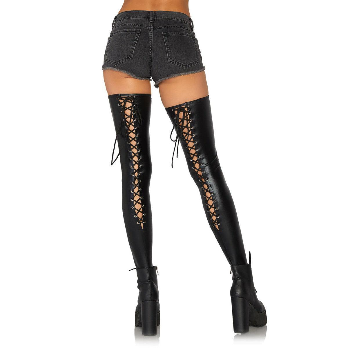 Wet Look Footless Lace-Up Thigh Highs