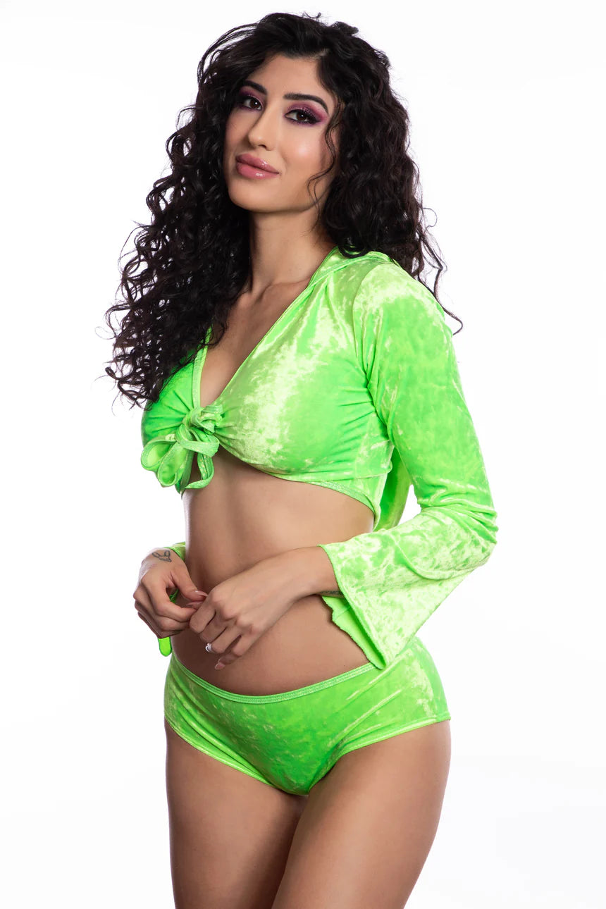 Lime Velvet Hooded Crop Top and Booty Short Set