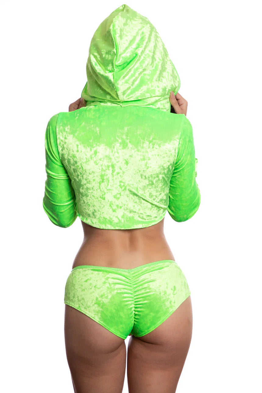 Lime Velvet Hooded Crop Top and Booty Short Set