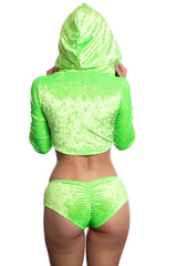 Lime Velvet Hooded Crop Top and Booty Short Set