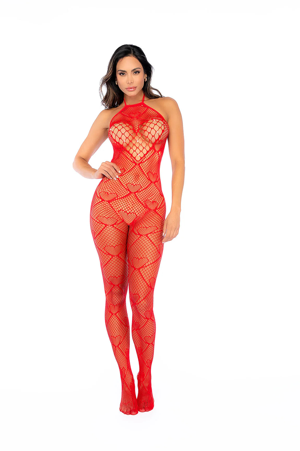 Romantic Red Heart Crotchless Fishnet Bodystocking - One Size Fits Most