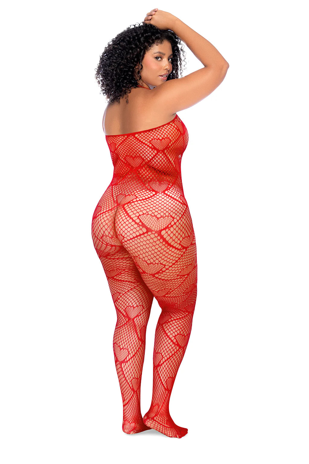 Romantic Red Heart Crotchless Fishnet Bodystocking - Curvy