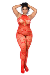 Romantic Red Heart Crotchless Fishnet Bodystocking - Curvy