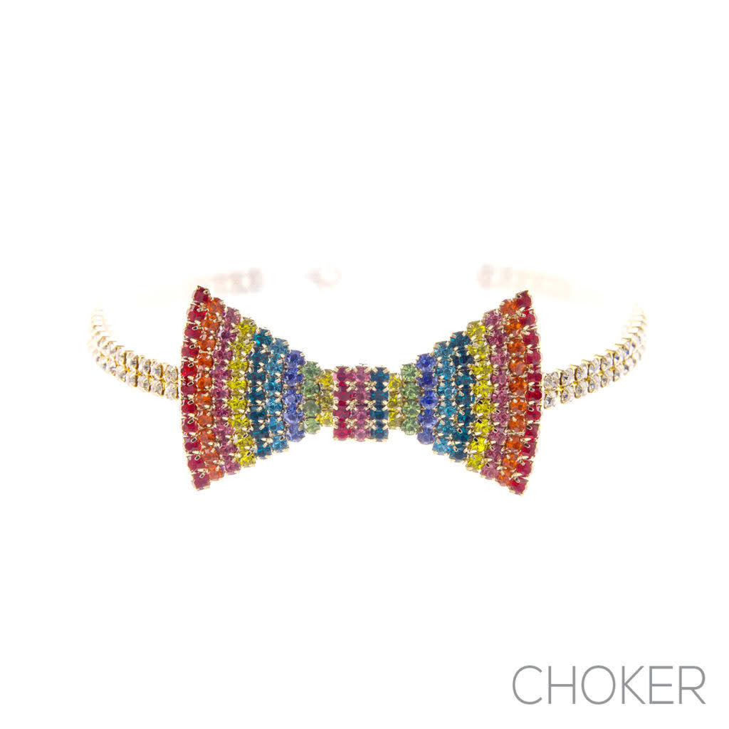 Rainbow Rhinestone Bow Front Choker