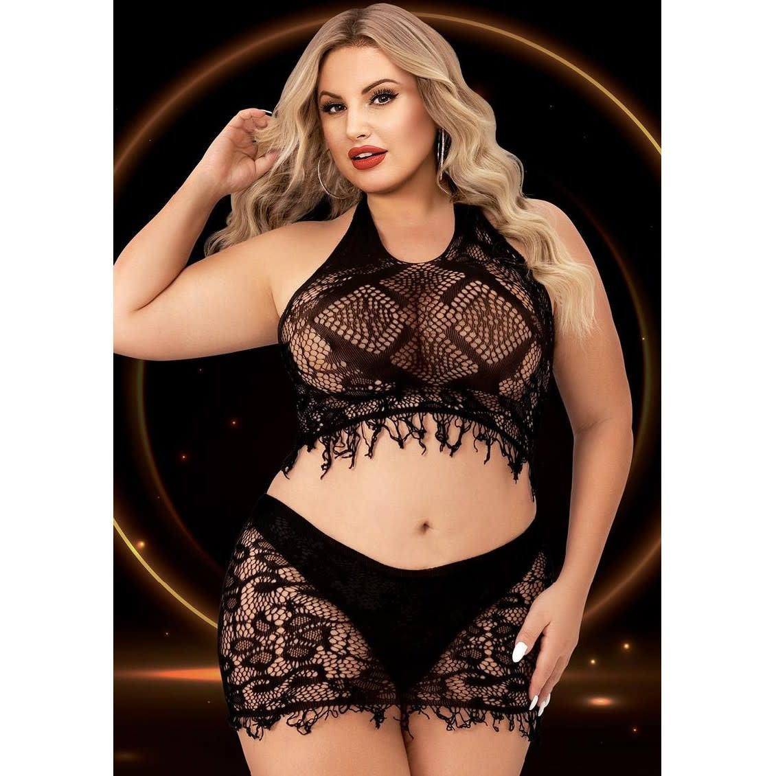 Sheer Frayed Edge Crop Top and Skirt Set - Curvy