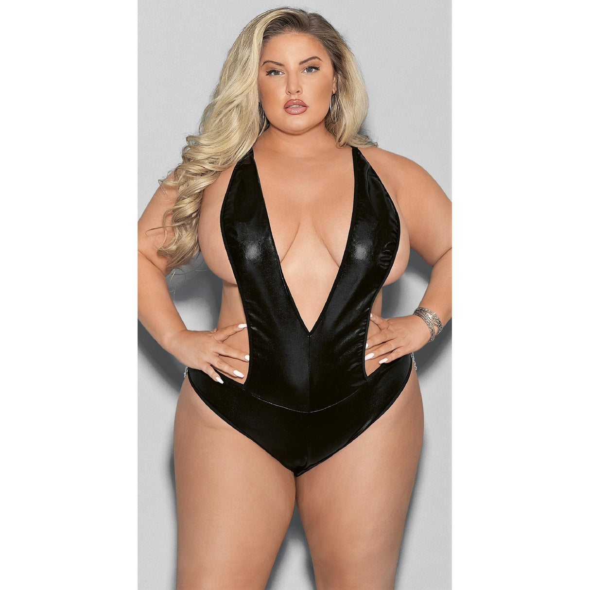 Wet Look Deep-V Teddy with Chain Detail - Curvy