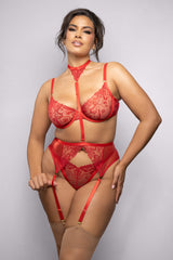 Ruby Red Lacy Gartered Three Piece Set - Curvy