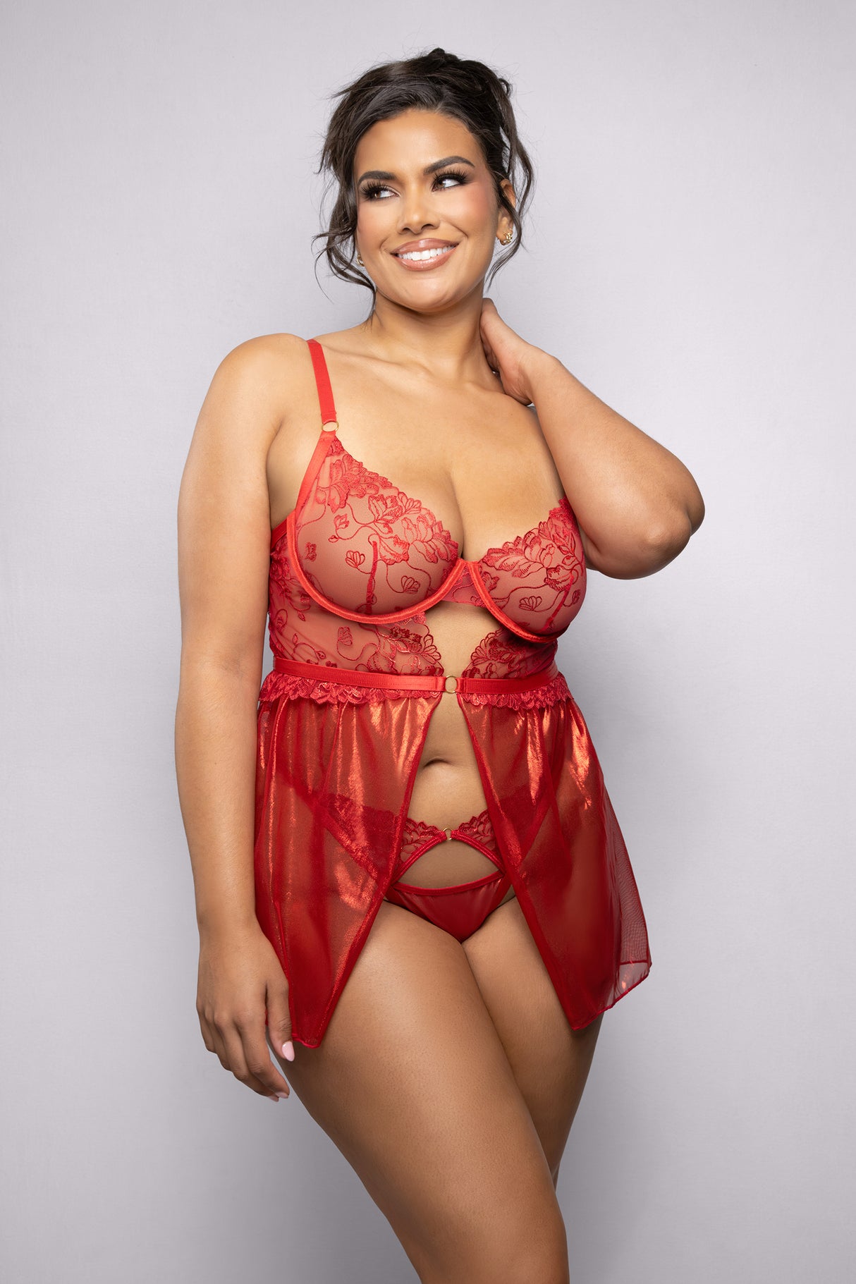 Ruby Red Lacy Flyaway Babydoll Set - Curvy