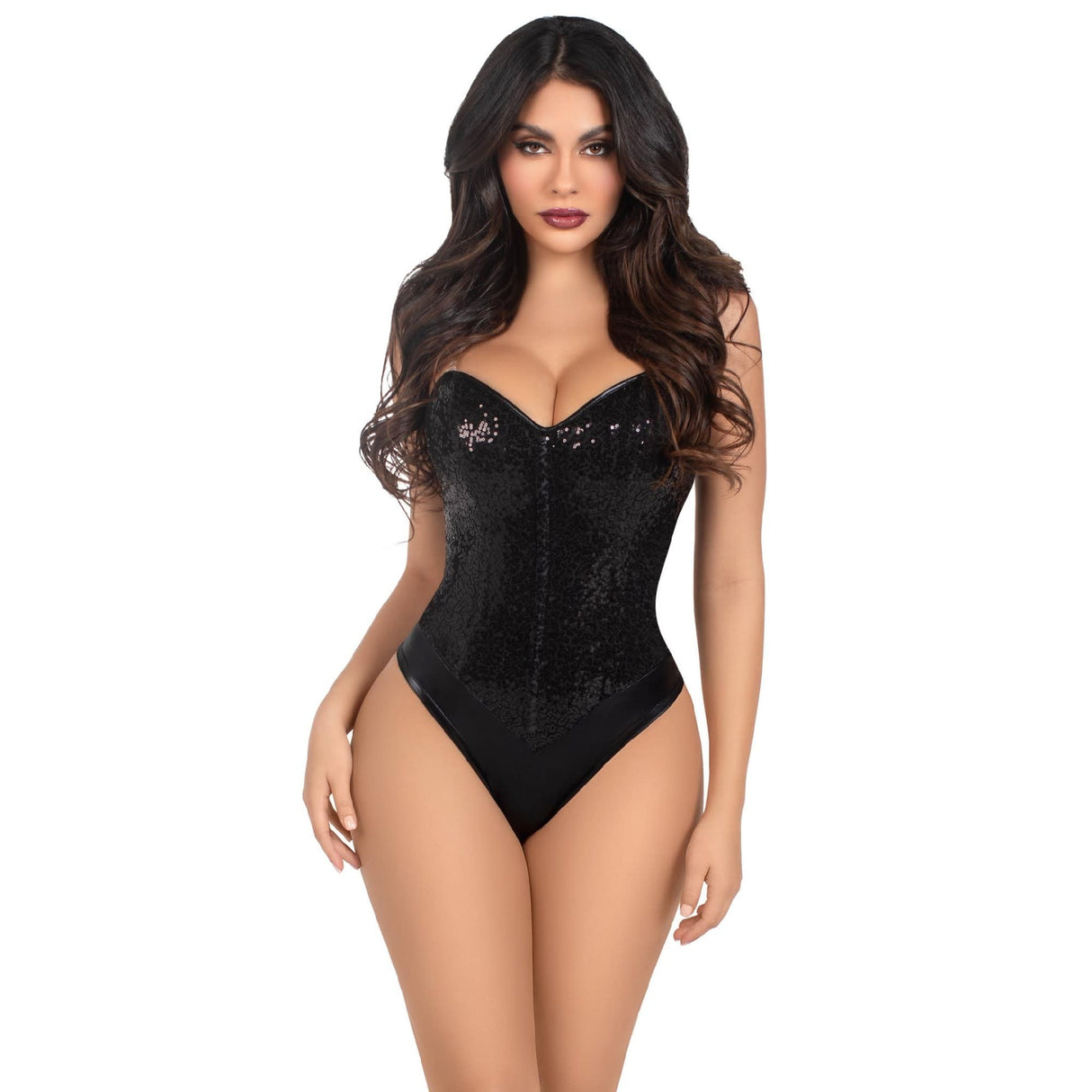 Sequin Boned Bodysuit with Detachable Clear Straps