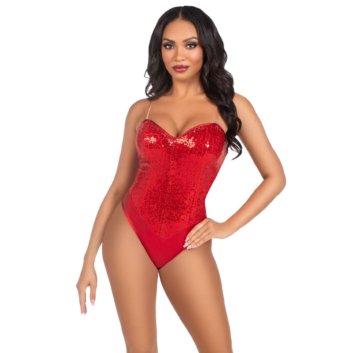 Sequin Boned Bodysuit with Detachable Clear Straps