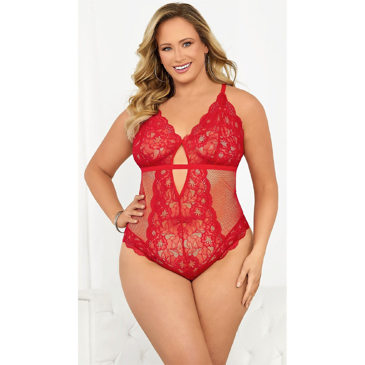 Red Hot Fishnet and Lace Teddy - Curvy