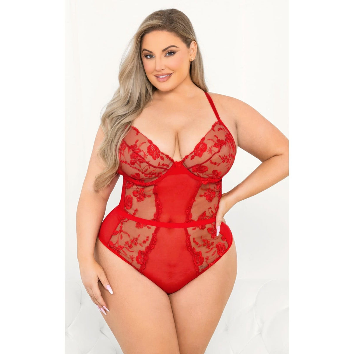 Romantic Red Rose Embroidered Teddy - Curvy