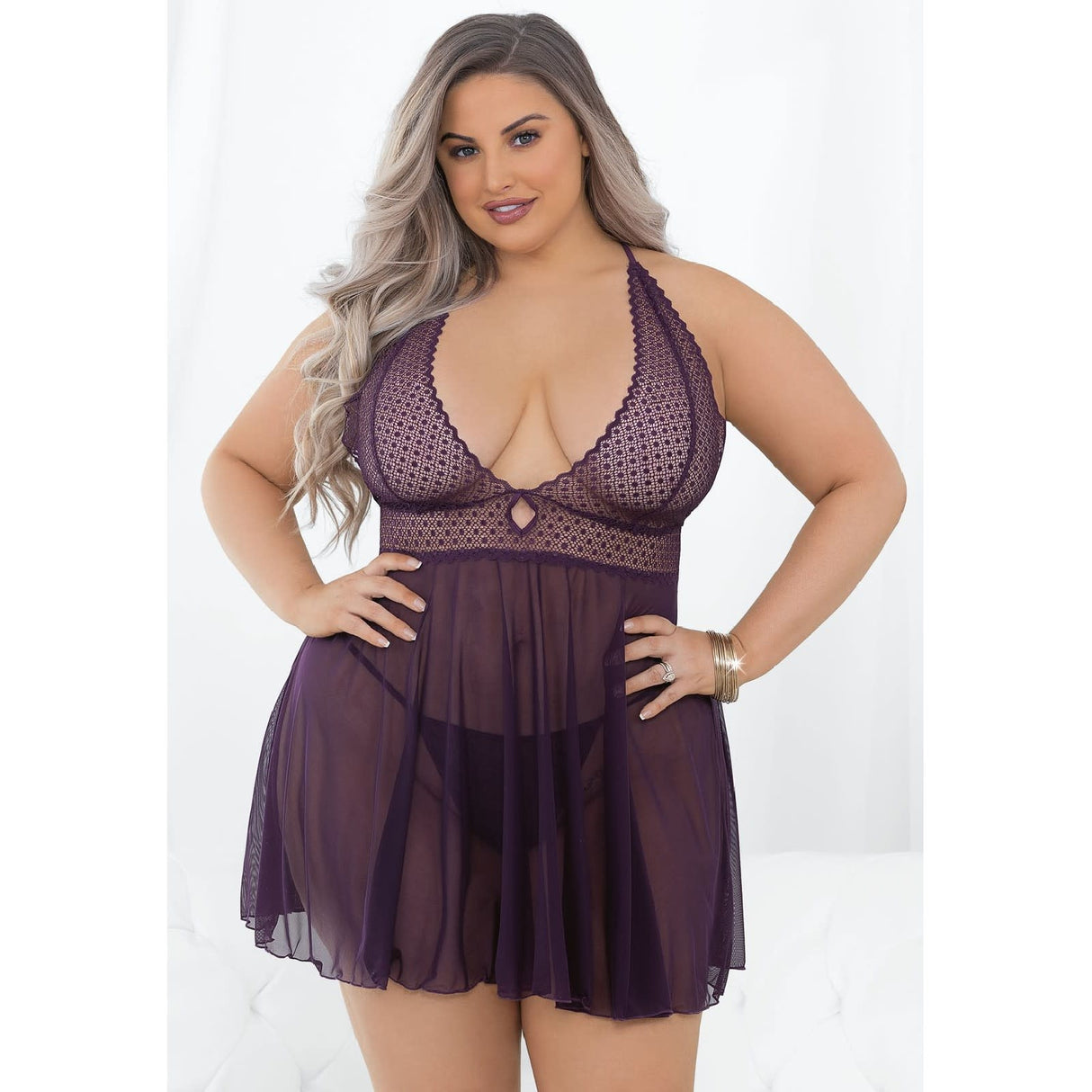 Sheer Plum Dot Mesh Babydoll - Curvy