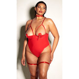 Red Hot Vinyl Demi Cup Gartered Teddy, Choker and Pasties Set