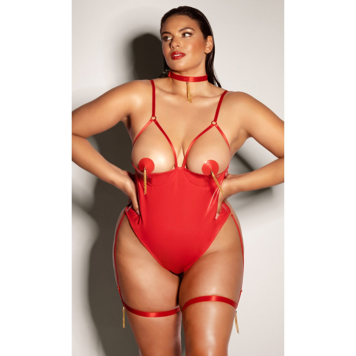 Red Hot Vinyl Demi Cup Gartered Teddy, Choker and Pasties Set