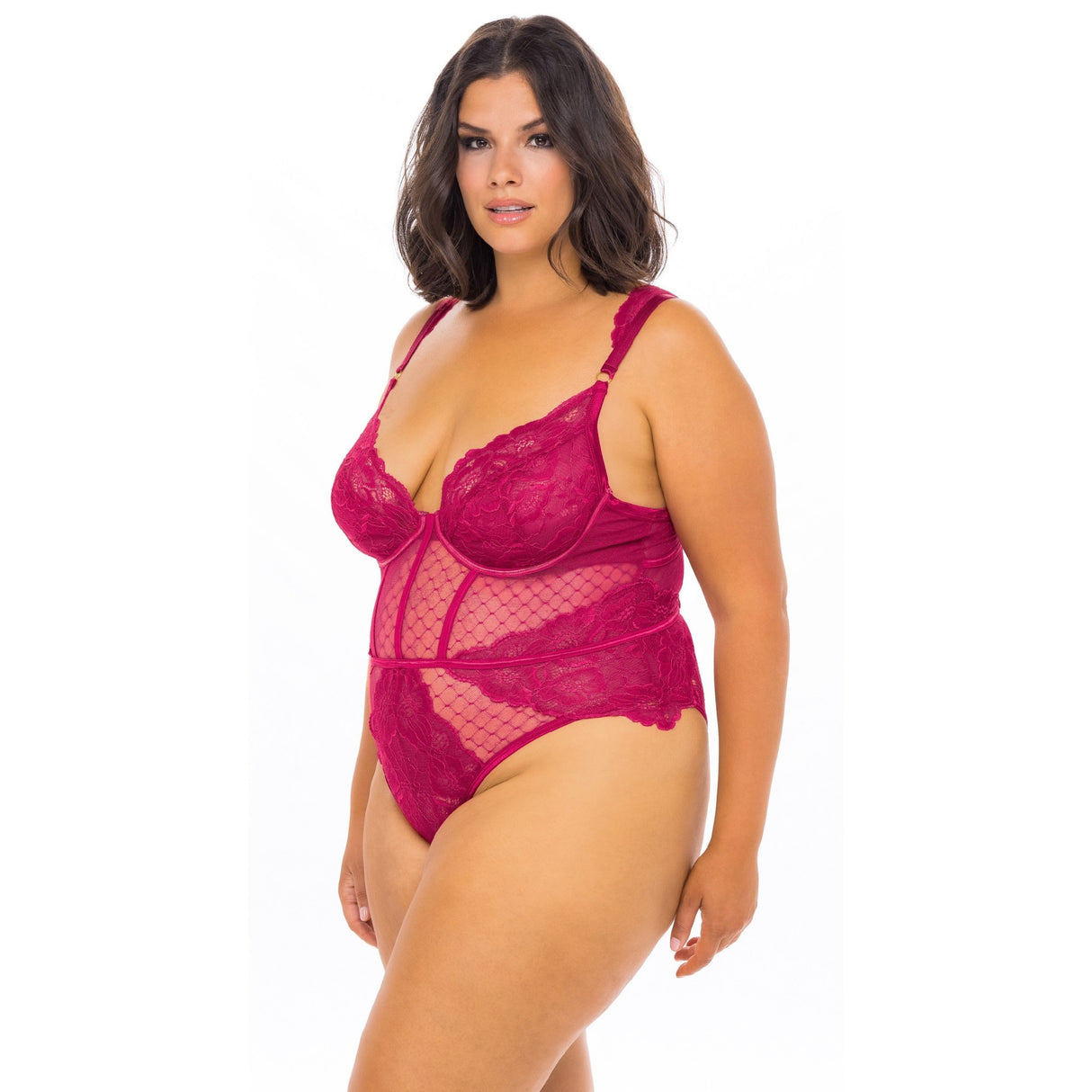 Scalloped Lace Underwire Teddy with Trellis Detailing - Curvy