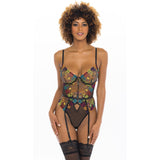 Bright Floral Embroidery Gartered Mesh Teddy