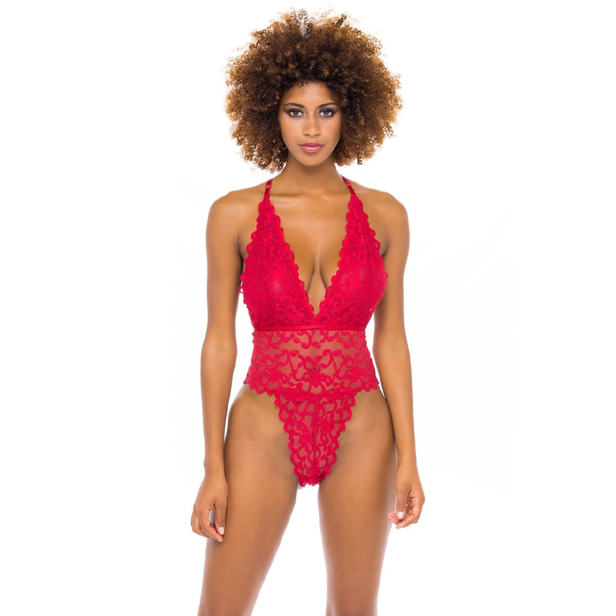 Red Strappy Back Scalloped Lace Teddy