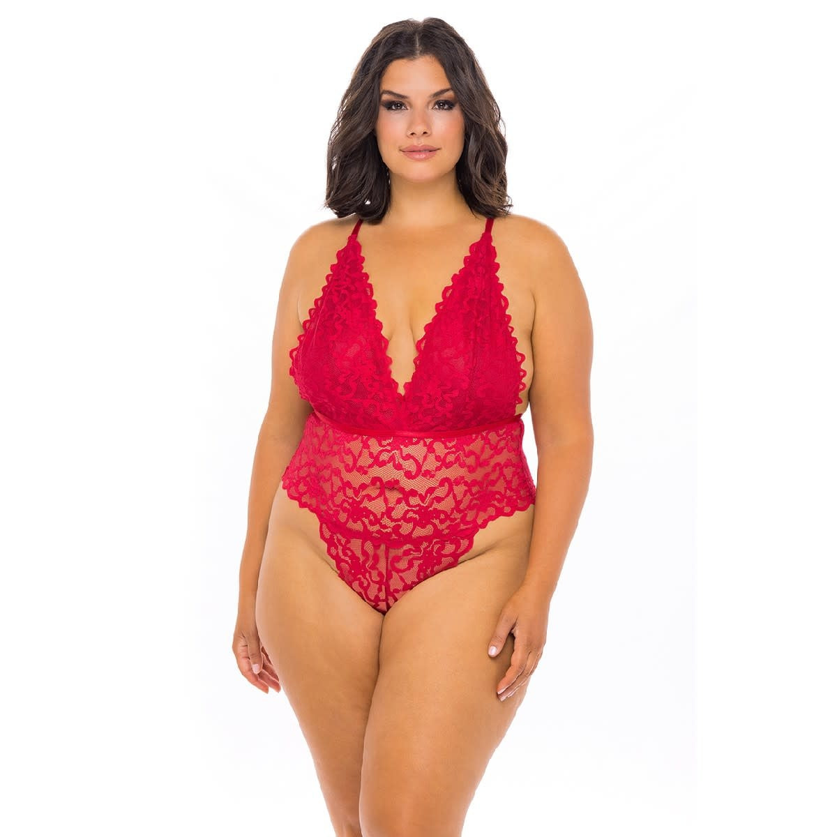 Red Strappy Back Scalloped Lace Teddy