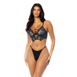 Bright Blue Floral Embroidered Lace-Up Cropped Bustier Set