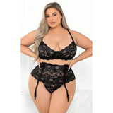 Sheer Lace High Waist Gartered Three Piece Set - Curvy