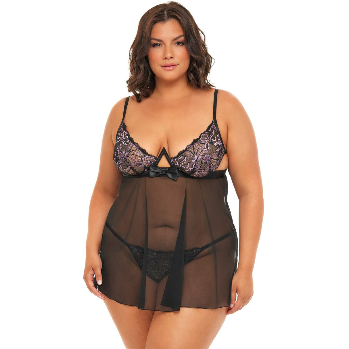 Empire Waist Bow Detail Lace and Mesh Babydoll Set - Curvy