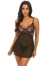Sheer Mesh Underwire and Vibrant Floral Embroidered Babydoll Set