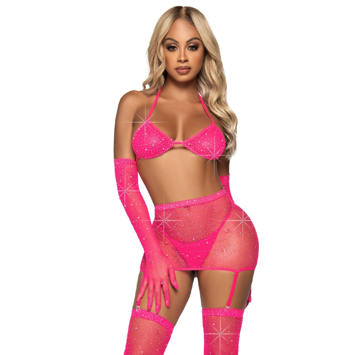 Hot Pink Rhinestone Fishnet Five Piece Set - One Size Fits Most