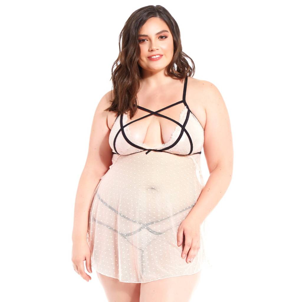 Strappy Dot Mesh and Lace Babydoll - Curvy