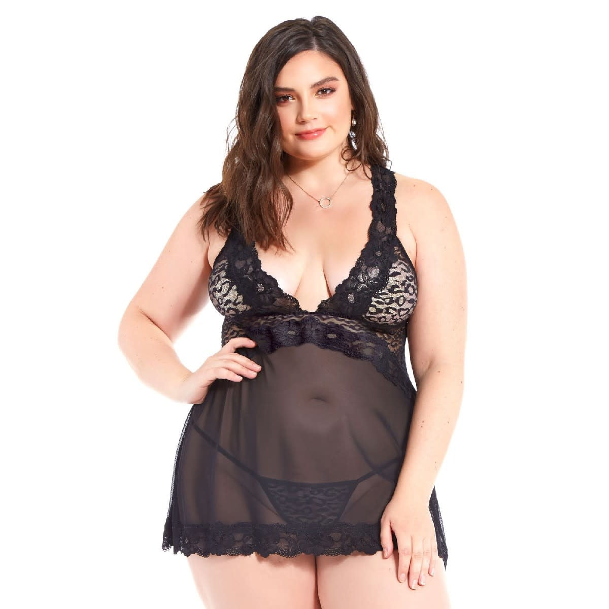 Leopard Mesh and Lace Babydoll - Curvy