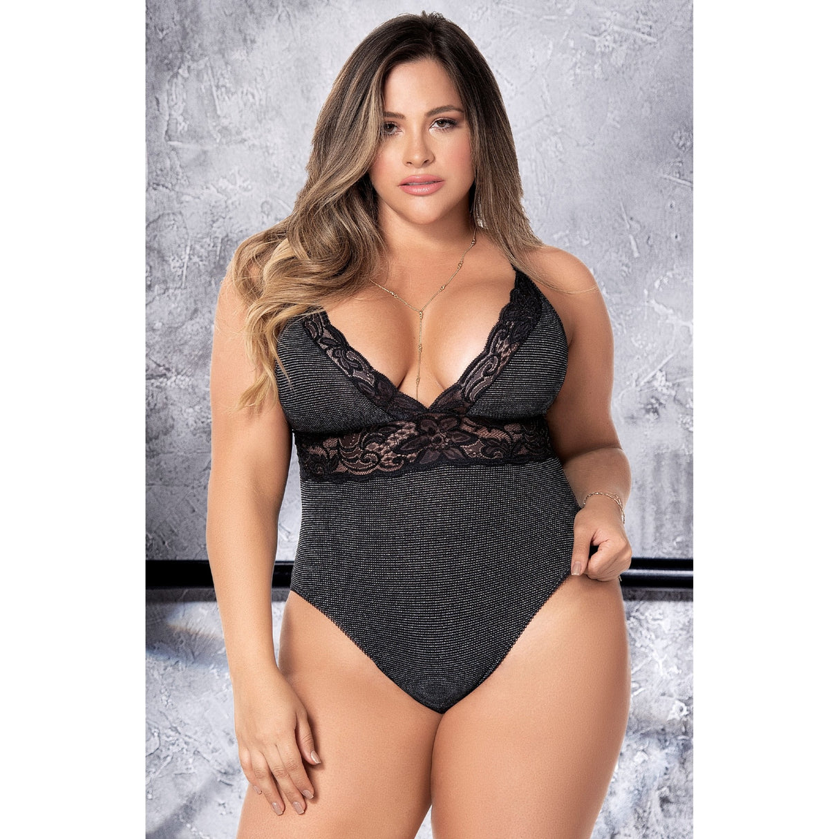 Lace and Shimmer Ribbed Knit Teddy - Curvy