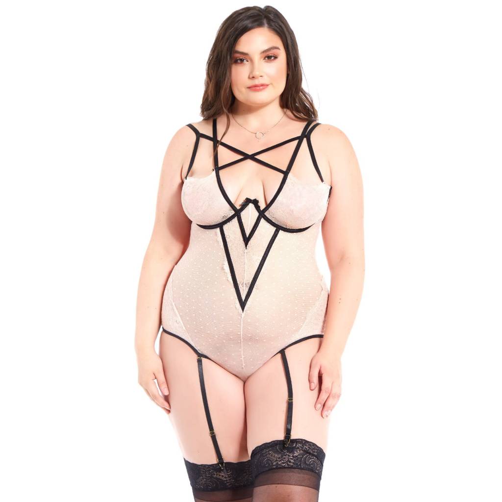 Strappy Dot Mesh and Lace Teddy - Curvy