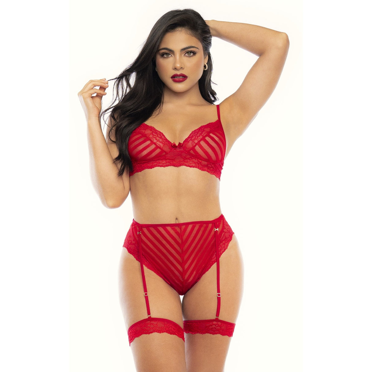 Red Sheer Mesh and Stripes Gartered Two Piece Set