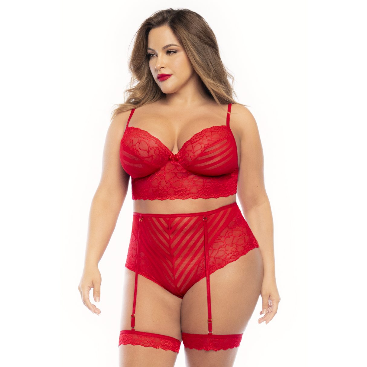 Red Sheer Mesh and Stripes Gartered Two Piece Set