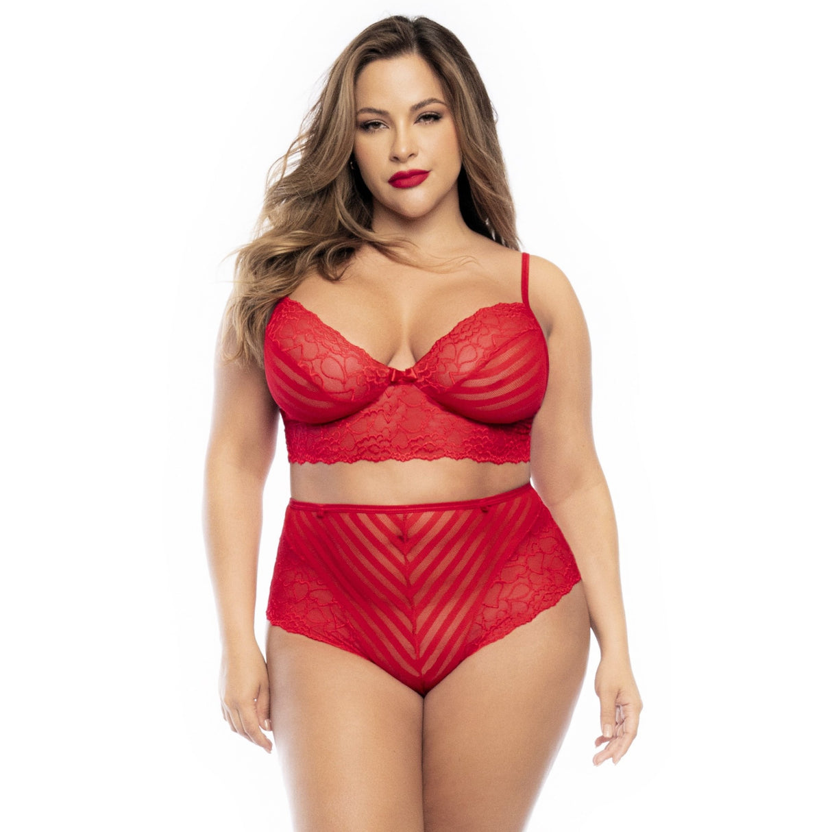 Red Sheer Mesh and Stripes Gartered Two Piece Set