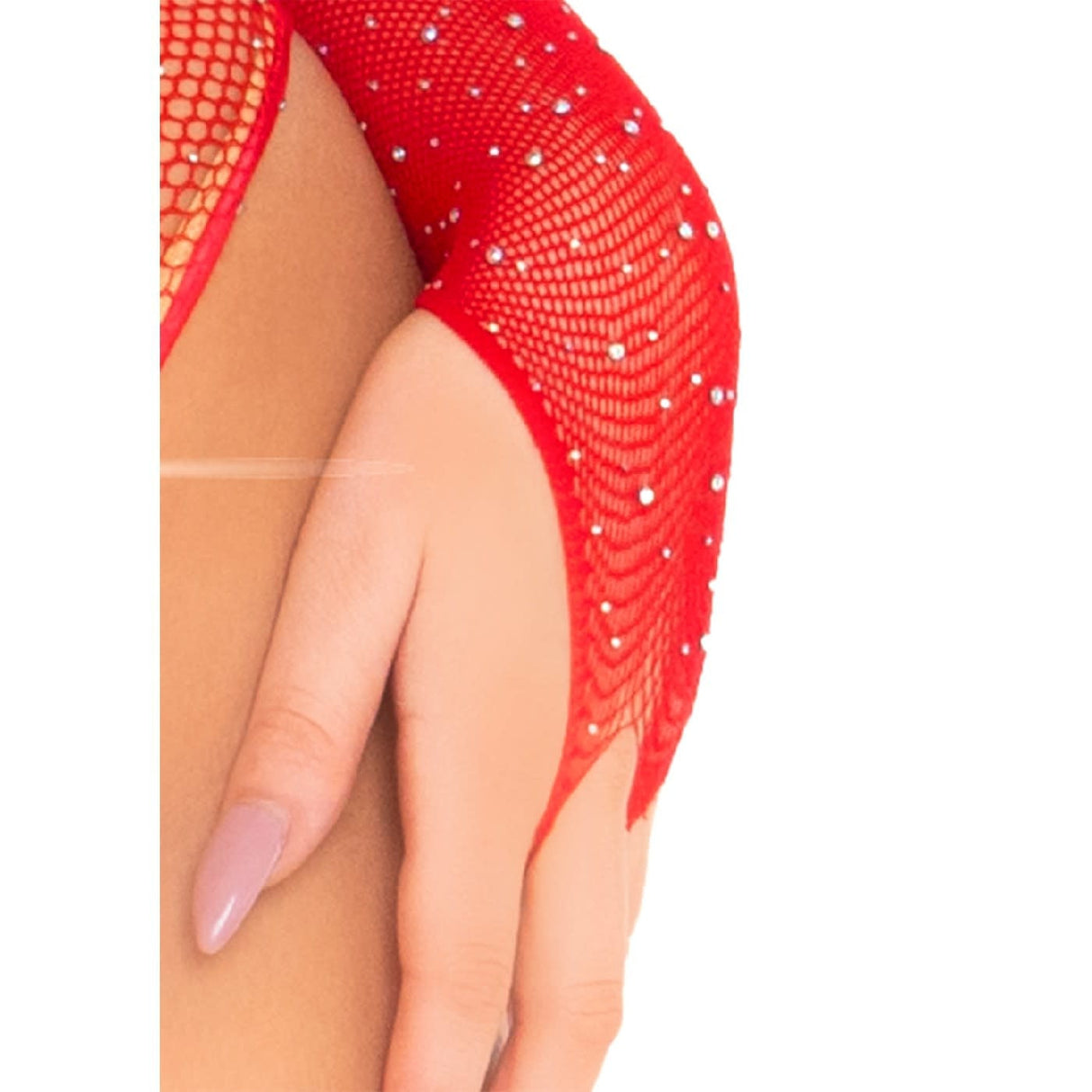 Crystalized Long Sleeve Fishnet Bodysuit - Red