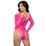 Crystalized Long Sleeve Fishnet Bodysuit - Hot Pink