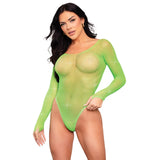 Crystalized Long Sleeve Fishnet Bodysuit - Lime